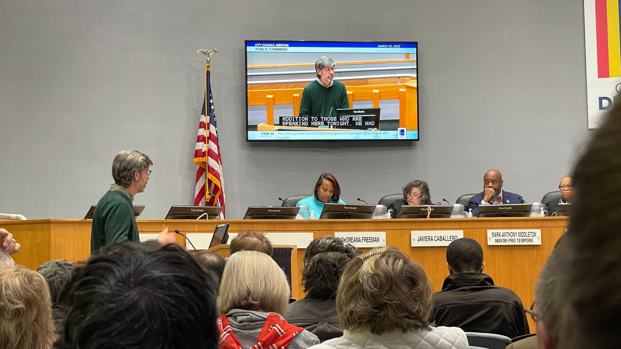 John Tallmadge, executive director for Bike Durham, speaking in favor of a Vision Zero coordinator. Photo by Justin Laidlaw